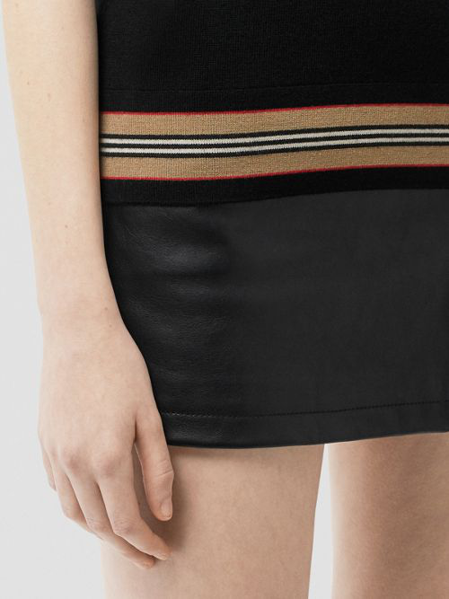 Burberry Short-Sleeve Icon Stripe Detail Merino Wool Top In Black ...