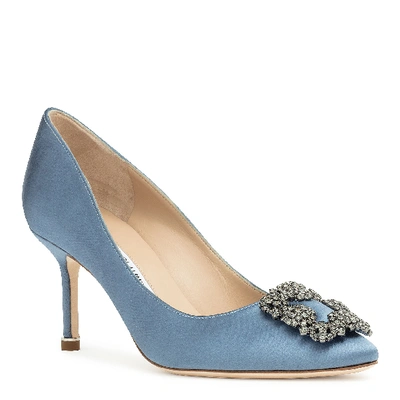 Shop Manolo Blahnik Hangisi 70 Denim Blue Satin Pumps