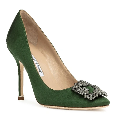 Shop Manolo Blahnik Hangisi 105 Dark Green Satin Pumps