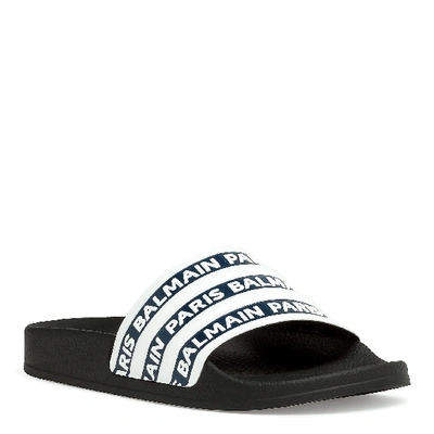 Shop Balmain Blue And White Logo Rubber Slide In Blue/white