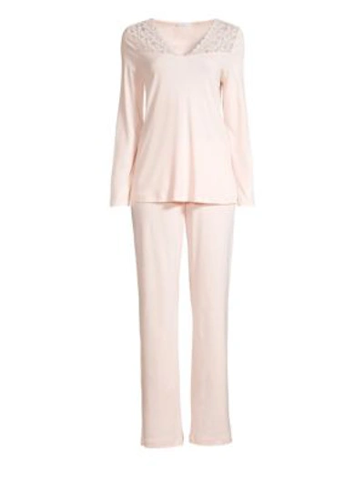 Shop Hanro Women's Moments Two-piece Lace & Cotton Pajama Set In Crystal Pink