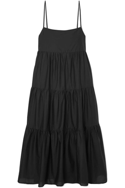 Shop Matteau Tiered Cotton-voile Midi Dress In Black