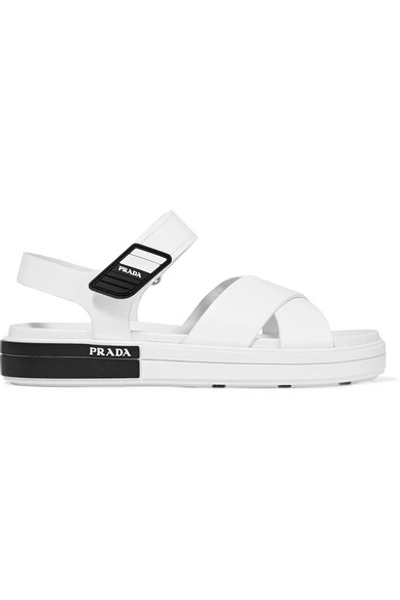 Shop Prada Logo-embossed Rubber-trimmed Leather Sandals In White