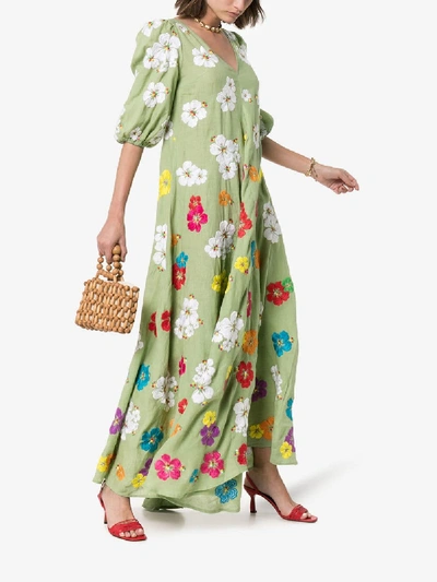 Shop All Things Mochi Tila Floral-embroidered Linen Maxi Dress In Green
