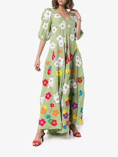 Shop All Things Mochi Tila Floral-embroidered Linen Maxi Dress In Green