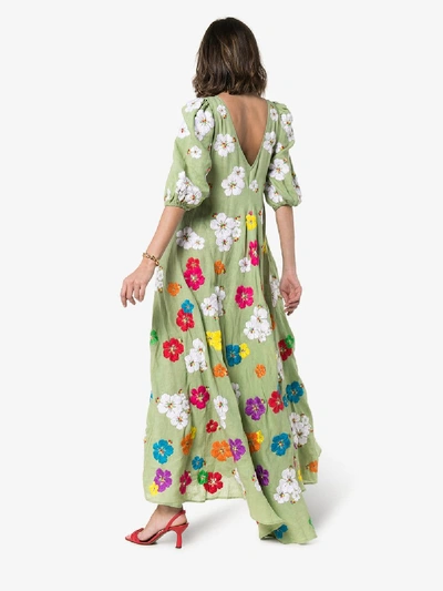 Shop All Things Mochi Tila Floral-embroidered Linen Maxi Dress In Green