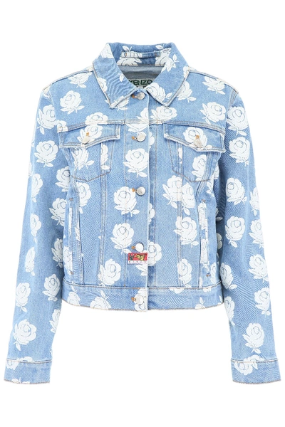 Shop Kenzo Rose Print Denim Jacket In White (light Blue)