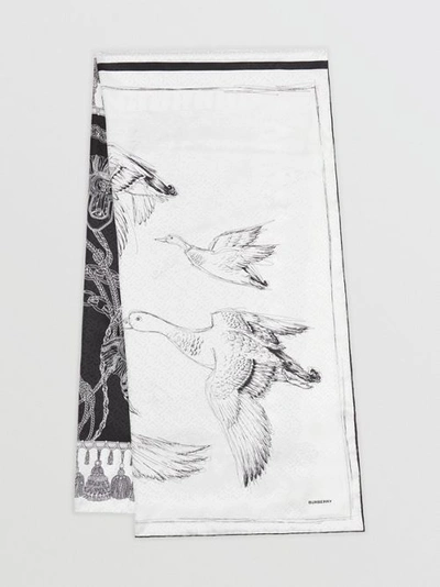 Shop Burberry Sketch Print Monogram Silk Jacquard Scarf In Black/white