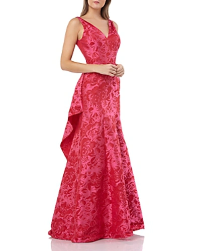 Shop Carmen Marc Valvo Floral Jacquard Gown In Fuchsia/red