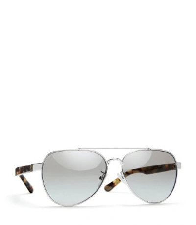 Shop Tory Burch T-logo Pilot Sunglasses In Porcini/silver