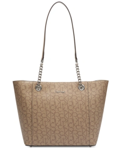 Shop Calvin Klein Hayden Large Signature Tote In Khaki Brown/buckwheat/silver