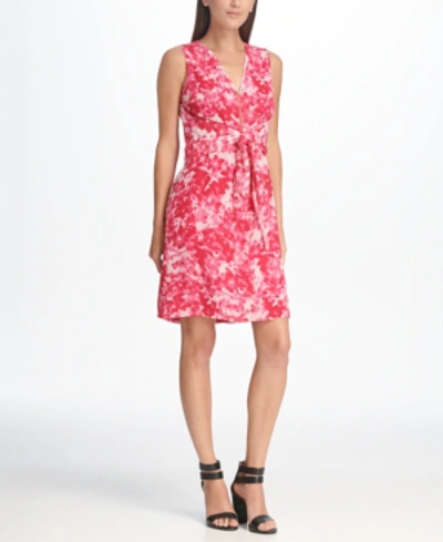Shop Dkny Floral Printed Zip Front A-line Tie Waist Dress In Peony