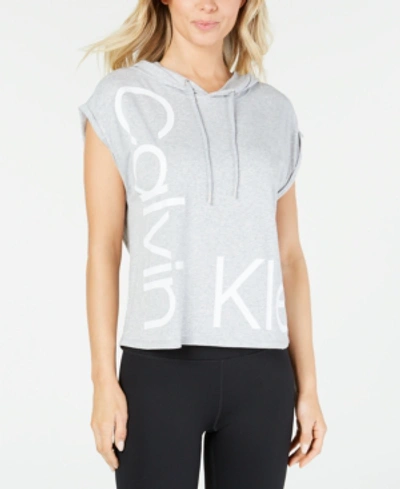 Shop Calvin Klein Performance Logo Sleeveless Cropped Hoodie In Pearl Grey Heather