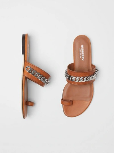 Shop Burberry Chain Detail Leather Sandals In Amber
