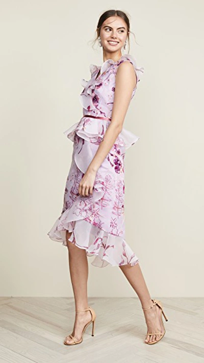 Shop Marchesa Notte Sleeveless Floral Organza Cocktail In Lilac