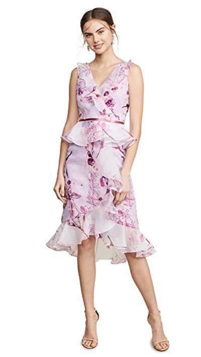 Shop Marchesa Notte Sleeveless Floral Organza Cocktail In Lilac