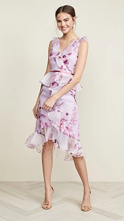 Shop Marchesa Notte Sleeveless Floral Organza Cocktail In Lilac