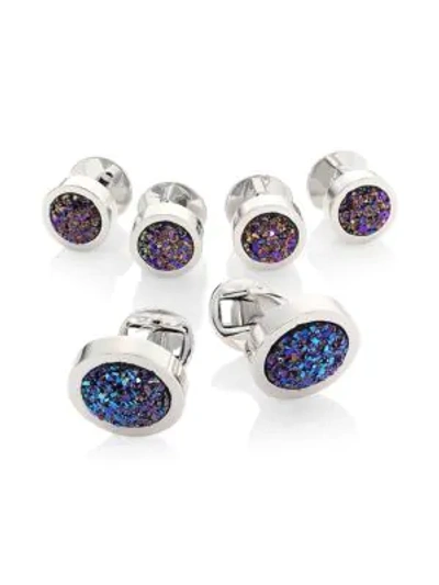 Shop Saks Fifth Avenue Collection Blue Druzy Cufflink& Stud Set In Blue Silver