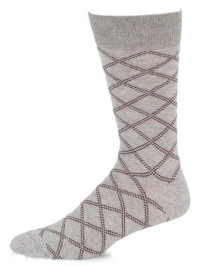Shop Saks Fifth Avenue Men's Collection Dashed Plaid Crew Socks In Light Gray Burgundy
