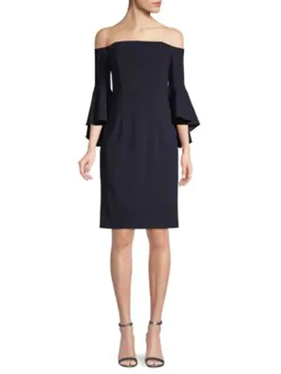 Shop Calvin Klein Off-the-shoulder Ruffled Bell-sleeve Dress In Indigo