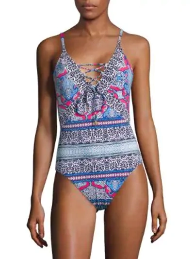 Shop Tommy Bahama One-piece Lace Front Swimsuit In Cerise