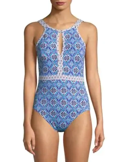 Shop Tommy Bahama Printed Halterneck One-piece Swimsuit In Dark Sanibel