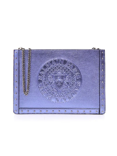 Shop Balmain Logo Embossed Clutch Bag In Purple