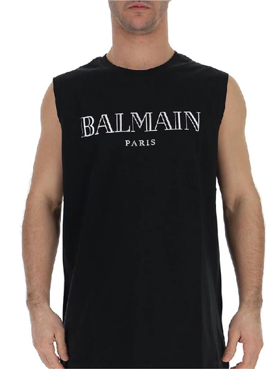 Shop Balmain Logo Print Sleeveless T In Black
