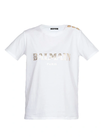 Shop Balmain T Shirt Logo In Blanc/or