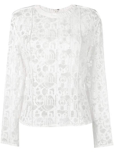 Shop Chloé Lace Embroidered Logo Top - White