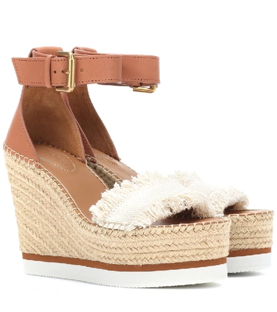 Shop See By Chloé Leather And Canvas Wedge Sandals In White