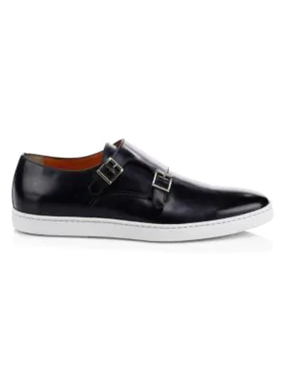 Santoni Freemont Leather Double Monk-strap Shoes In Navy | ModeSens