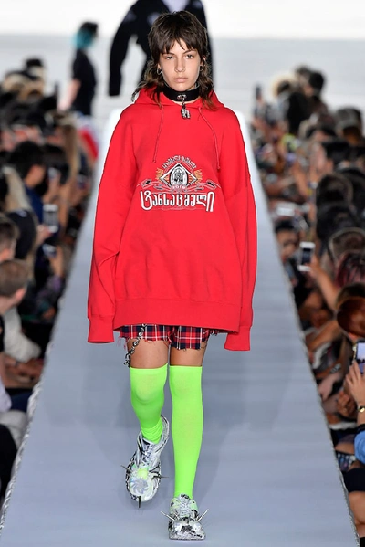 Shop Vetements Denim And Plaid Miniskirt In Red