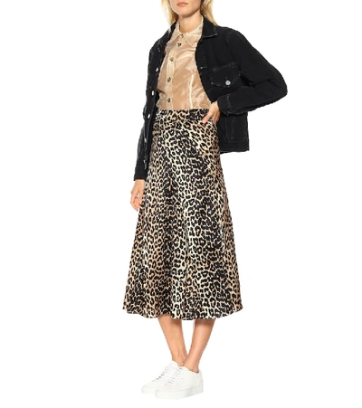 Shop Ganni Leopard-printed Silk Midi Skirt In Black