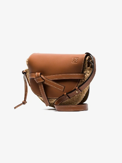Shop Loewe Brown Gate Mini Leather And Raffia Shoulder Bag