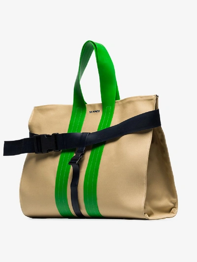 Shop Sunnei Green And Sand Contrasting Buckle Strap Messenger Bag In Neutrals
