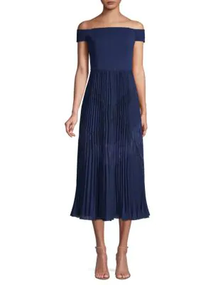 off shoulder pleated midi dress