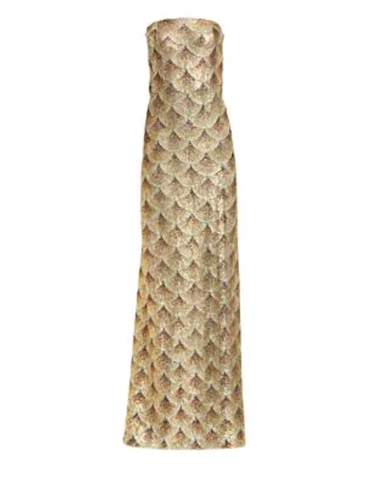 Shop Oscar De La Renta Beaded Strapless Silk Gown In Ivory Gold