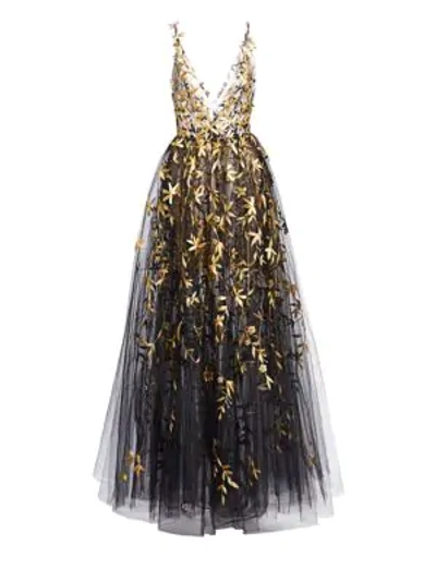 Shop Oscar De La Renta Floral Appliqué Tulle Gown In Black Gold