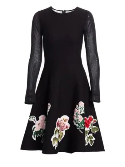 Shop Oscar De La Renta Embroidered Fit-&-flare Dress In Black