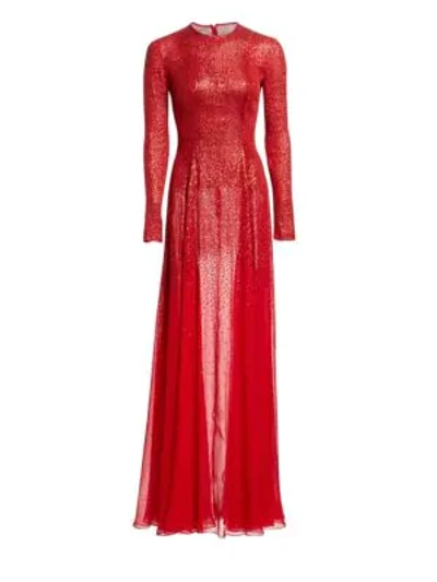 Shop Oscar De La Renta Long-sleeve Beaded Silk Gown In Tomato