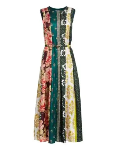 Shop Oscar De La Renta Floral Stripe Silk Midi Dress In Spruce Multi