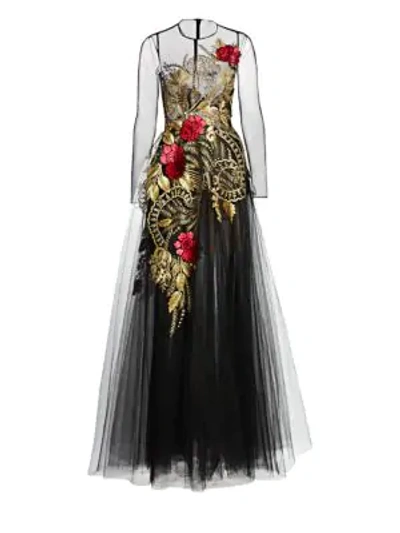 Shop Oscar De La Renta Embroidered Metallic Tulle Gown In Black