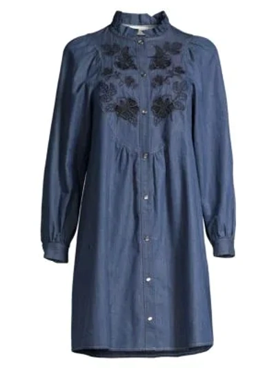 Shop Coach 1941 Floral Lace Eyelet Embroidered Denim Shirtdress In Shady Blue