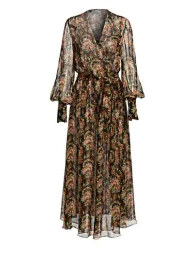 Shop Oscar De La Renta Floral Silk Long-sleeve Wrap Dress In Black Multi