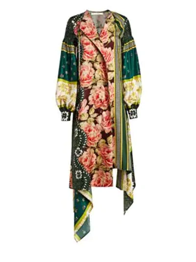 Shop Oscar De La Renta Blouson Sleeve Patchwork Silk Dress In Spruce Multi