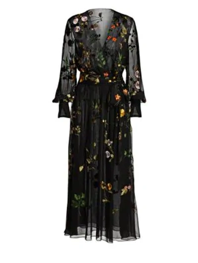 Shop Oscar De La Renta Embroidered Floral Silk Chiffon Wrap Dress In Black