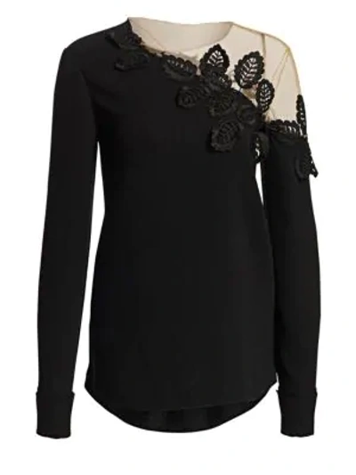 Shop Oscar De La Renta Leaf Appliqué Illusion Neckline Stretch-silk Top In Black