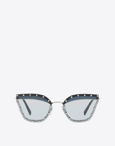 Shop Valentino Occhiali Crystal Studded Cat-eye Metal Sunglasses In Dark Blue