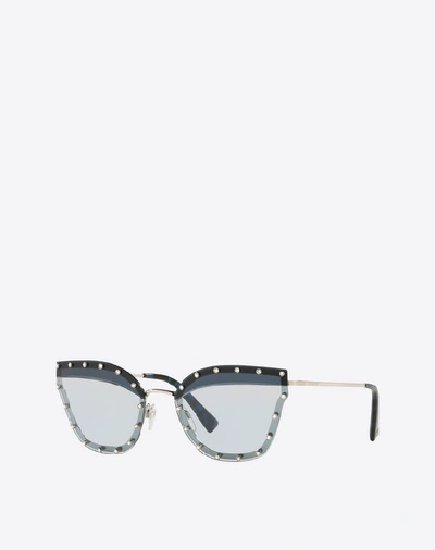 Shop Valentino Occhiali Crystal Studded Cat-eye Metal Sunglasses In Dark Blue